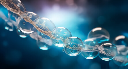 Aufkleber - Transparent spheres linked by a textured strand are highlighted against a soft blue and purple gradient backdrop. The spheres appear reflective with a macro detail focus.