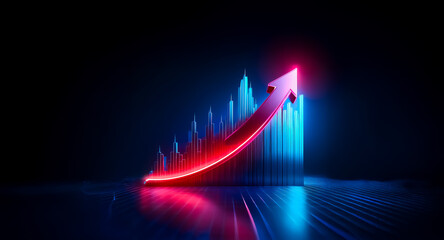 Fototapete - Neon graph shows an upward trend with a red arrow pointing up against a dark backdrop. Blue bars and a reflective surface enhance the bright, glowing effect.