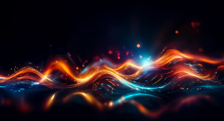 Aufkleber - Abstract flowing light waves in orange and blue hues create a dynamic and vibrant design against a dark backdrop. Sparkles and reflections enhance depth.