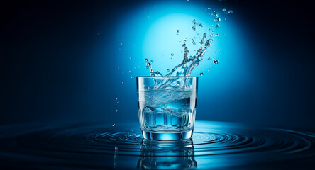 Leinwandbilder - A glass of water with a splash, set on a blue surface with ripples. Studio lighting highlights the motion and clarity of the liquid.