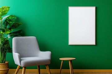 Poster - A photo of an empty frame mockup hanging on the wall in a Scandinavian living room with wooden furniture and teal walls, showcasing natural light from large windows. The chair is made of grey