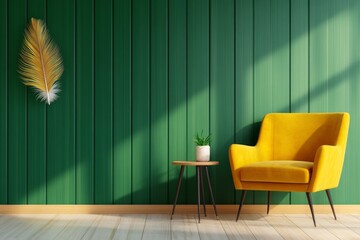Poster - A photograph of an empty, dark green wall with a velvet armchair and a small side table, taken from the front. The room is bathed in natural light, creating soft shadows on the wall. A single