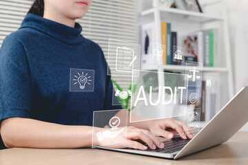Fototapete - Business audit, compliance concept. Professional using laptop working with audit icons business compliance, financial review, and data analysis. corporate governance, risk assessment, quality control,