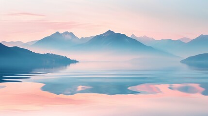 Wall Mural - A serene scene of a calm lake reflecting a misty mountain range.