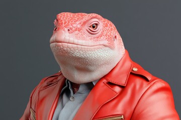 Wall Mural - A red and white lizard in a suit, a portrait photo, wearing a red leather jacket, against a dark background, in an elegant and formal style, with a cartoon realism aesthetic, featuring light