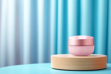 Aufkleber - A round cosmetics packaging with a blue background and soft lighting is placed on a small circular wooden podium on the table in front of it. The powder has a matte texture and light color,