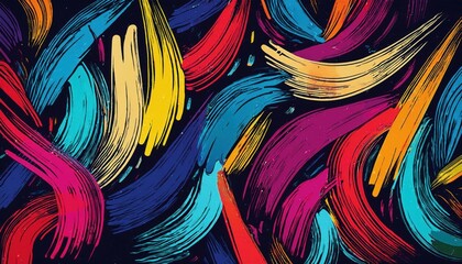 Aufkleber - vibrant abstract brushstroke pattern with colorful flowing curves in yellow, blue, pink, and purple on a dark background

