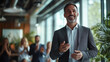 © ImaginationHub - Confident CEO Leading Presentation in Modern Office with Applauding Team – Professional Leadership & Success Concept