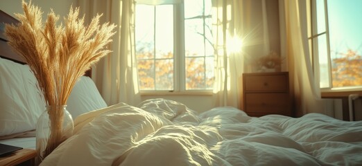 Wall Mural - Cozy bedroom with sunlight streaming through windows and decorative dried flowers, copy space for text