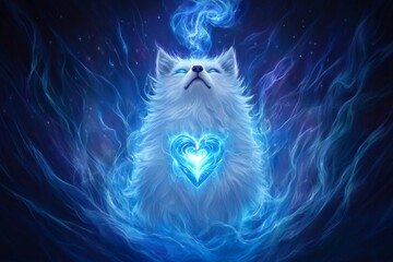 Aufkleber - A white fox surrounded by glowing blue smoke, radiating light from its heart in the center of an ethereal fantasy world. The background is dark and mysterious with swirling mist. This card has