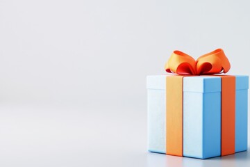 Wall Mural - An orange and blue gift box with a red ribbon, white background, illustration style, simple color blocks, no shadows, high resolution, best quality, best details, best clarity, best resolution.