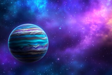 beautiful fantasy landscape with planets and stars, a purple-blue sky, mountains, a fantasy planet s