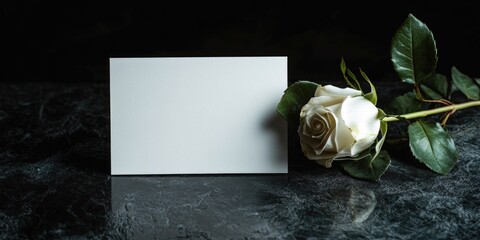 Sticker - A white rose is next to a blank card. The card is white and has no writing on it. The rose is the main focus of the image, and it is placed on a dark surface