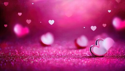 Poster - two glossy red heart shaped decorations on a sparkling pink surface with a dreamy bokeh background of floating soft white hearts

