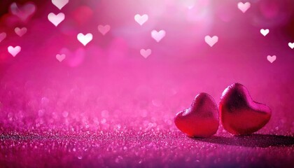 Poster - two glossy red heart shaped decorations on a sparkling pink surface with a dreamy bokeh background of floating soft white hearts

