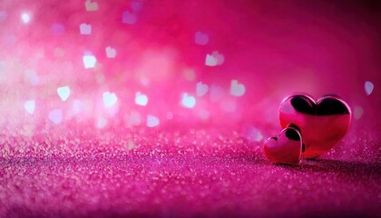 Poster - two glossy red heart shaped decorations on a sparkling pink surface with a dreamy bokeh background of floating soft white hearts

