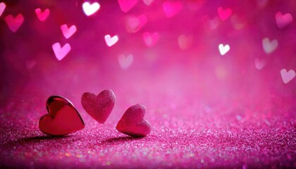 Poster - two glossy red heart shaped decorations on a sparkling pink surface with a dreamy bokeh background of floating soft white hearts

