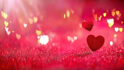 Poster - romantic red heart with sparkling glitter background, soft pink bokeh lights and floating glowing hearts, love celebration


