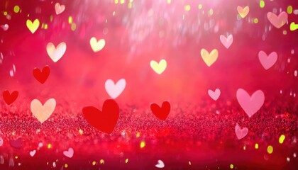 Poster - romantic red heart with sparkling glitter background, soft pink bokeh lights and floating glowing hearts, love celebration

