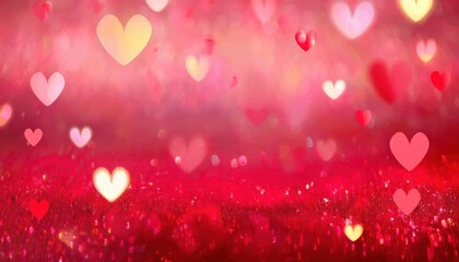Poster - romantic red heart with sparkling glitter background, soft pink bokeh lights and floating glowing hearts, love celebration

