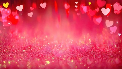 Poster - romantic red heart with sparkling glitter background, soft pink bokeh lights and floating glowing hearts, love celebration

