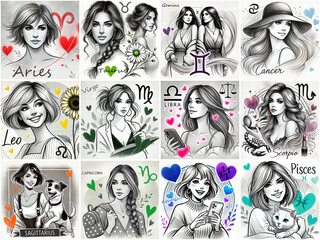 Wall Mural - thumbs of women of all zodiac signs in hand drawing style, astrology and woman beauty concept