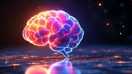 Wall Mural - vibrant digital brain model illuminated with neon lights on reflective surface.
