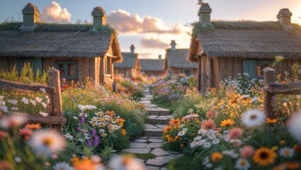 Wall Mural - quaint thatched cottages surrounded by vibrant wildflowers at sunset in a tranquil countryside setti