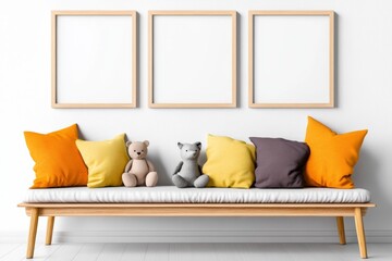 Poster - Up to three small blank white picture frames on the wall above a simple light wooden daybed with lots of pillows and stuffed animals, Scandinavian style, white walls in the background, natural