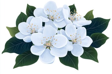 Wall Mural - Watercolor white apple blossom flowers with green leaves, vector illustration, isolated on the background
