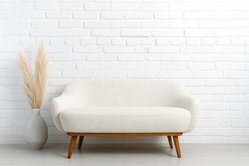 Leinwandbilder - White sofa and side table against a light gray wall with white trim, interior design of a modern living room mockup. Soft beige color palette. Minimalist home decor. White pampas grass in a