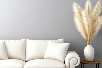 Leinwandbilder - White sofa and side table against a light gray wall with white trim, interior design of a modern living room mockup. Soft beige color palette. Minimalist home decor. White pampas grass in a