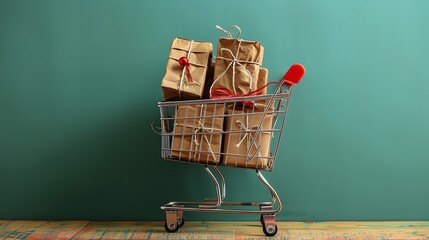 Wall Mural - a shopping cart filled with wrapped gifts, against a green background.