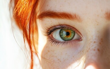 Wall Mural - A close-up of the face and eyes of a beautiful young woman with red hair, with sunlight shining on her eye in front of a white background, 