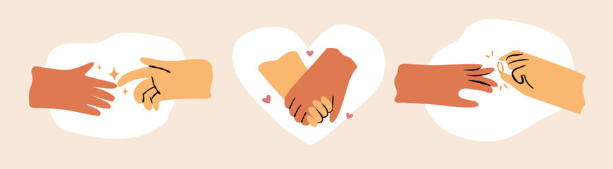 Wall Mural - Doodle hands gestures set showing steps of relationship