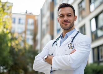 Wall Mural - Portrait of a handsome male doctor standing with arms crossed in front, looking at the camera and smiling against the background