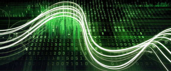 neon green data flow with cascading binary code, abstract digital wave, showcasing high-tech communi