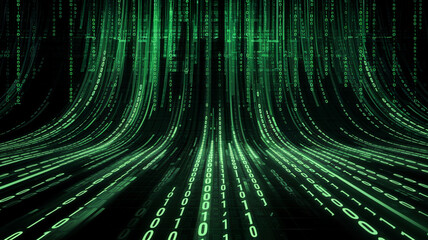 A futuristic digital landscape featuring flowing binary code in green tones, symbolizing data transmission, technology, and digital transformation.
