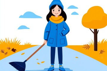 Wall Mural - a 2D cartoon illustration of a person sweeping leaves off the driveway, tidy and active, white background