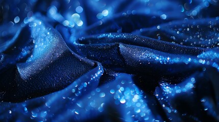 Wall Mural - a close-up of a dark blue fabric with water droplets and bokeh lights.