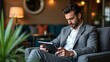 © mike - Professional Man in Checkered Suit Reading Tablet in Cozy Lounge with Soft Lighting and Elegant Furniture