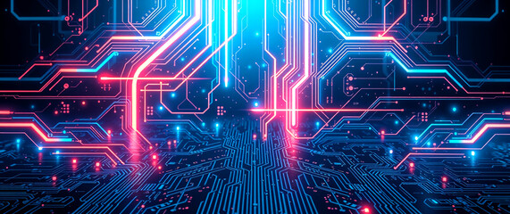 Abstract computer technology multicolor background banner futuristic business data technology modern concept, circuit board shape lines connecting link structure multi color contrast.
