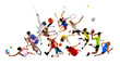 © master1305 - High-energy sports scene with basketball, soccer, fencing, cycling, and badminton players in motion. Intense action isolated on white background. Concept of achievement, challenge, and discipline.