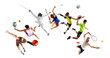 © master1305 - Multi-sport action featuring fencing, tennis, basketball, and handball players jumping mid-game. Aerial perspective on white background. Concept of motion, excellence and dedication in sports. Collage