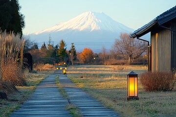 Wall Mural - Serene pathway leading to a majestic snow-capped mountain at dusk, illuminated by lanterns