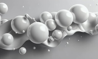 White liquid flowing with spheres, abstract background, design element