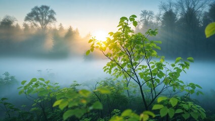 Wall Mural - morning sunlight filters through misty forest, illuminating fresh green leaves in a serene landscape