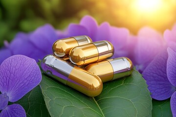Wall Mural - a close-up of golden and silver glittering multi-dimensional high-end multivitamin supplement capsul