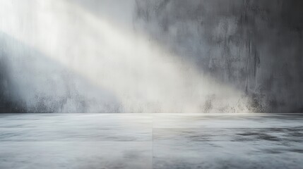 Wall Mural - A stark white concrete floor, the canvas of a modern showroom, stretches out into the distance, bathed in the ethereal glow of an unseen light source. Behind it, a muted gray wall, devoid of any