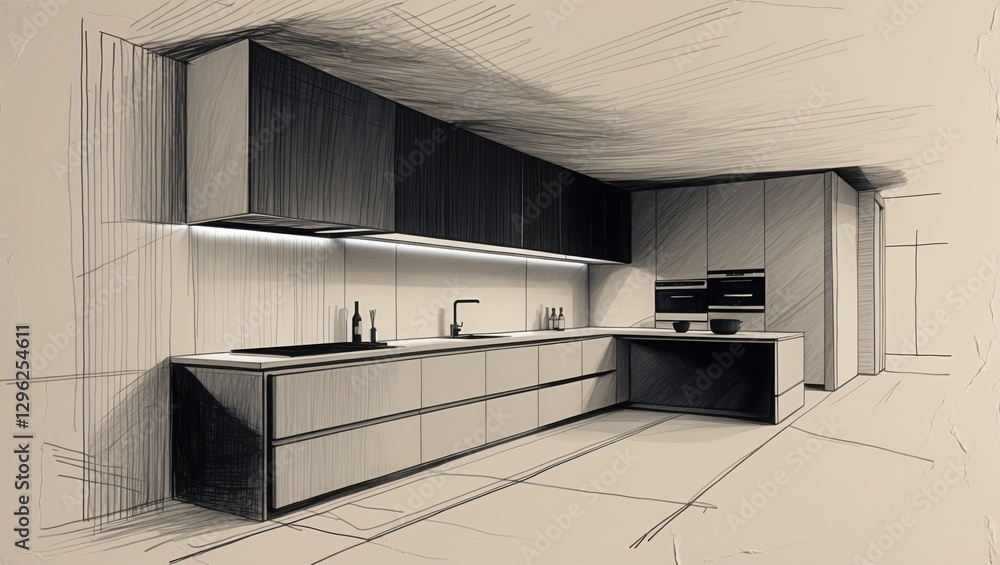 Kitchen Interior Design Sketch. Room inside shows cabinets, counters ...